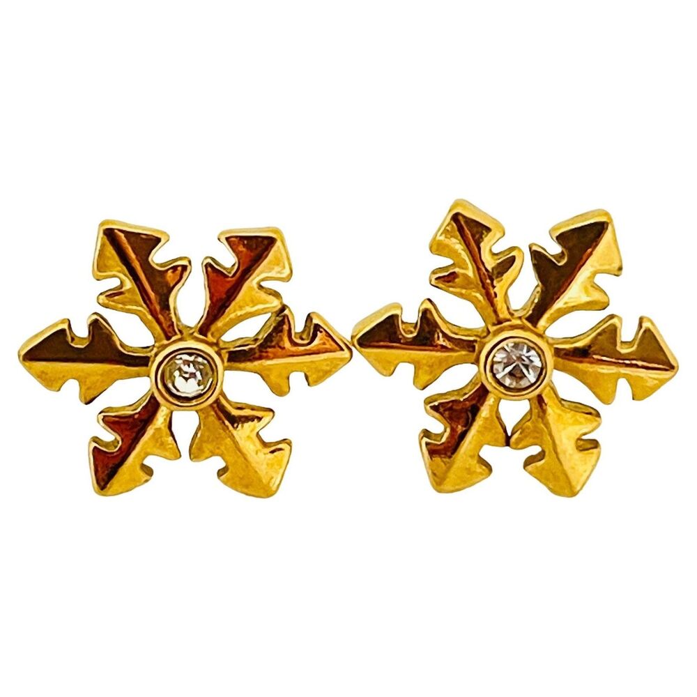 Vintage gold tone rhinestone snowflake post earrings